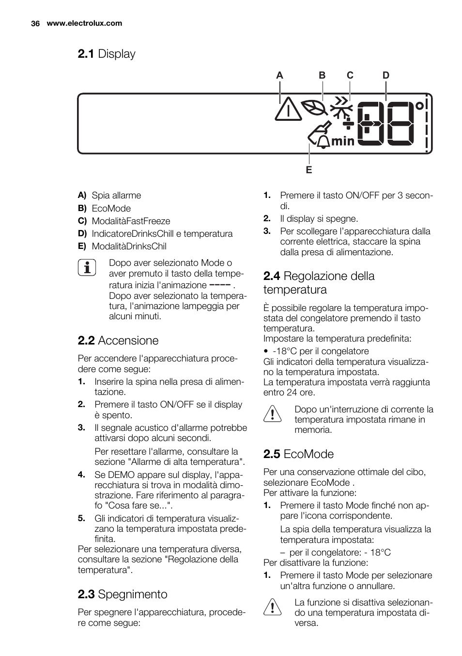 1 display, 2 accensione, 3 spegnimento | 4 regolazione della temperatura, 5 ecomode | Electrolux EUX2243AOX User Manual | Page 36 / 80