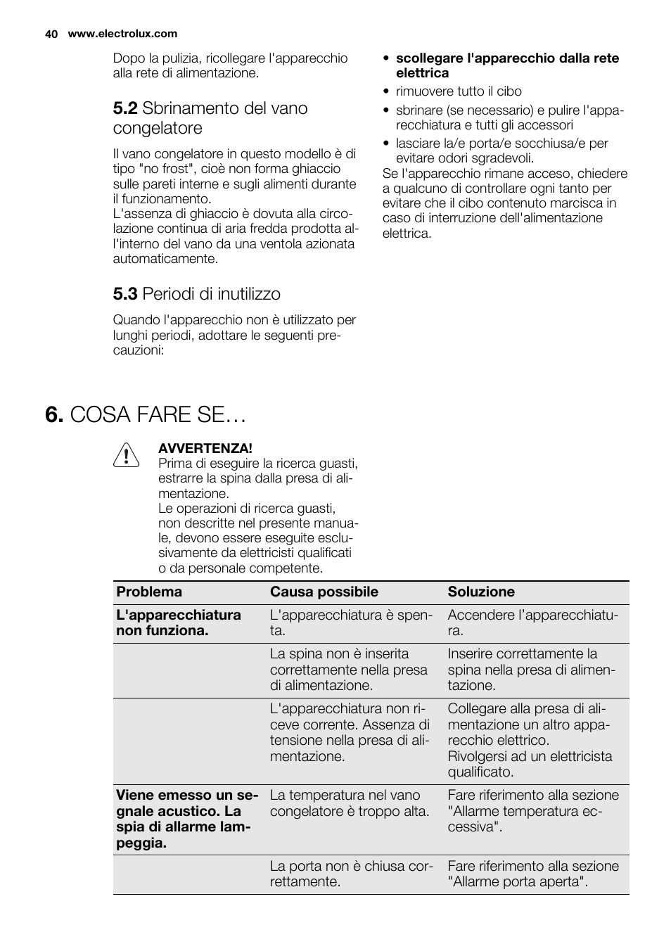 Cosa fare se, 2 sbrinamento del vano congelatore, 3 periodi di inutilizzo | Electrolux EUX2243AOX User Manual | Page 40 / 80