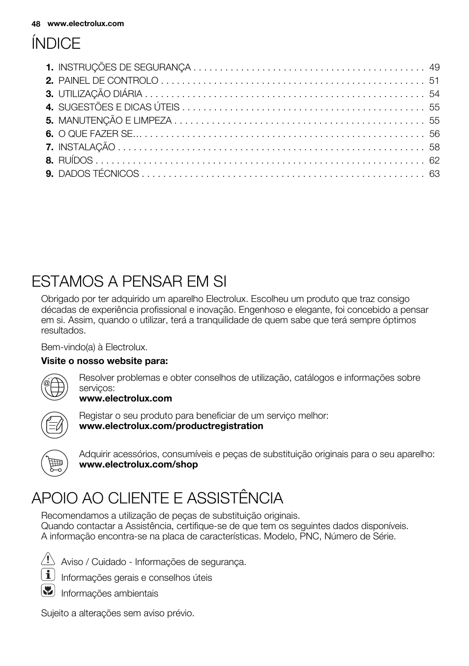 Índice, Estamos a pensar em si, Apoio ao cliente e assistência | Electrolux EUX2243AOX User Manual | Page 48 / 80