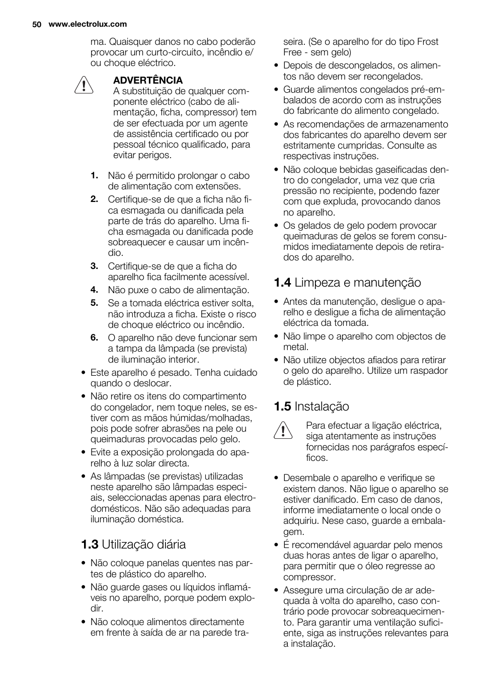 3 utilização diária, 4 limpeza e manutenção, 5 instalação | Electrolux EUX2243AOX User Manual | Page 50 / 80