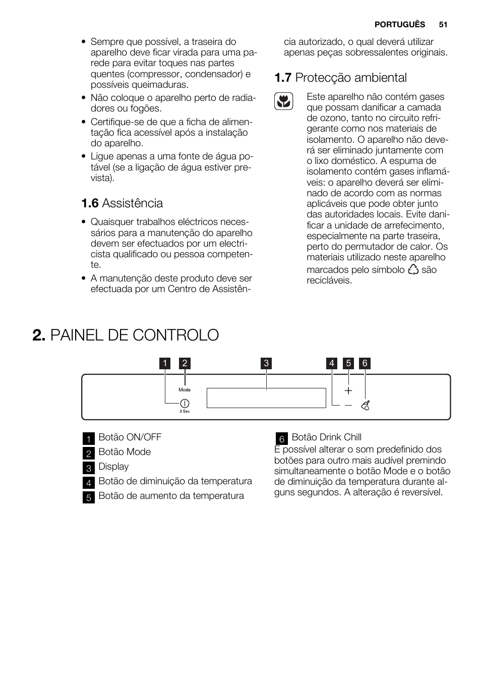 Painel de controlo, 6 assistência, 7 protecção ambiental | Electrolux EUX2243AOX User Manual | Page 51 / 80