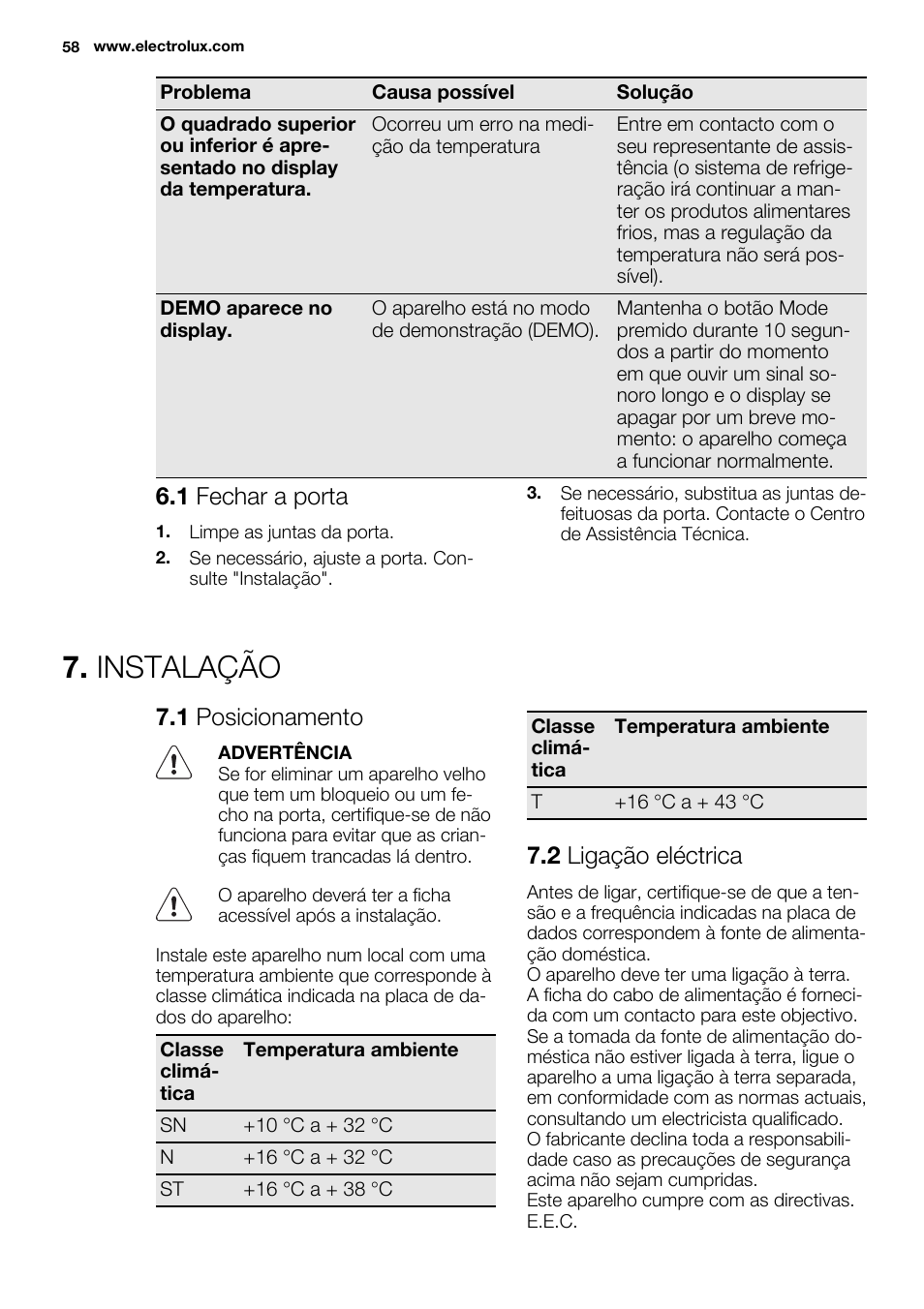 Instalação, 1 fechar a porta, 1 posicionamento | 2 ligação eléctrica | Electrolux EUX2243AOX User Manual | Page 58 / 80