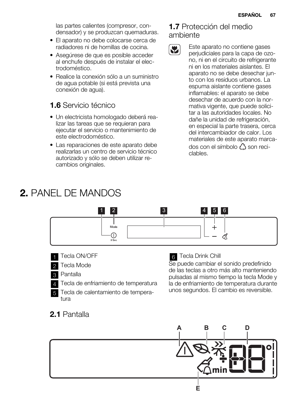 Panel de mandos, 6 servicio técnico, 7 protección del medio ambiente | 1 pantalla | Electrolux EUX2243AOX User Manual | Page 67 / 80