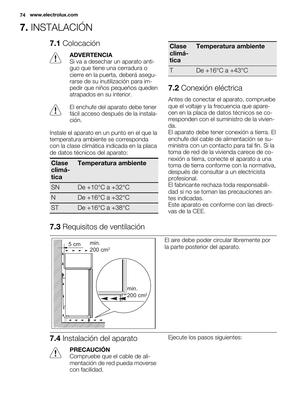 Instalación, 1 colocación, 2 conexión eléctrica | 3 requisitos de ventilación, 4 instalación del aparato | Electrolux EUX2243AOX User Manual | Page 74 / 80