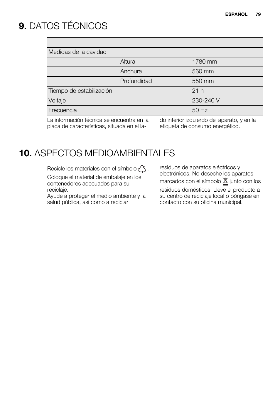 Datos técnicos, Aspectos medioambientales | Electrolux EUX2243AOX User Manual | Page 79 / 80