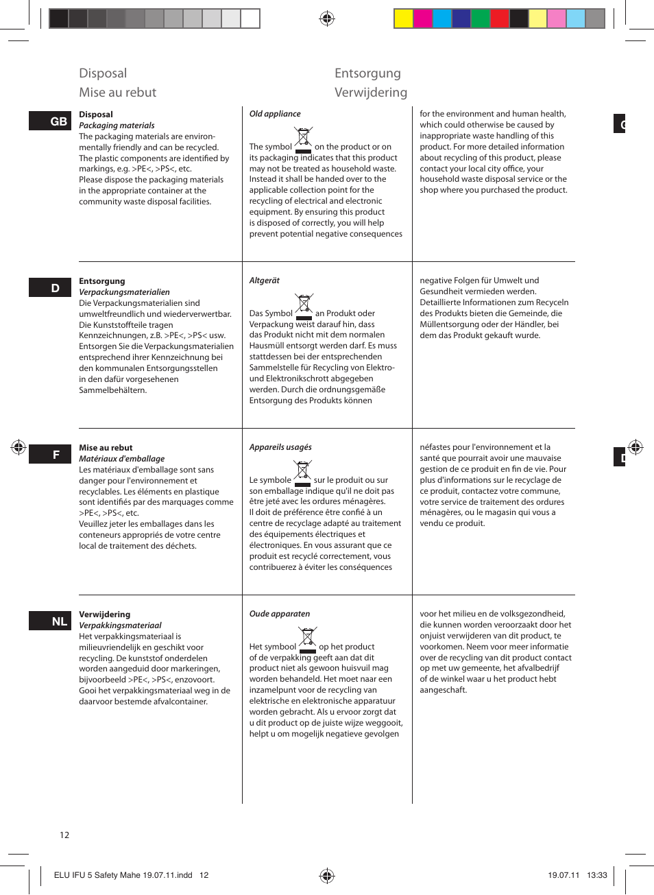 Disposal, Entsorgung, Mise au rebut | Verwijdering | Electrolux EDB8040 User Manual | Page 12 / 84