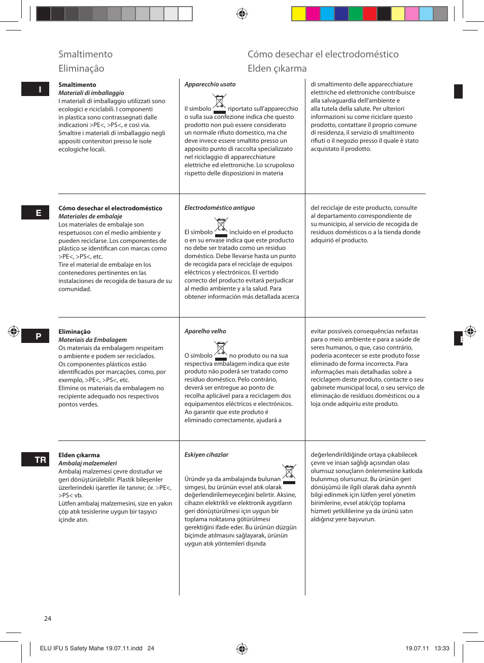 Smaltimento, Cómo desechar el electrodoméstico, Eliminação | Elden çıkarma | Electrolux EDB8040 User Manual | Page 24 / 84