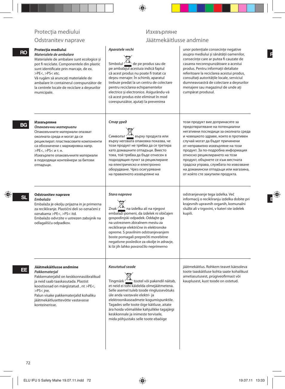 Protecţia mediului, Изхвърляне, Odstranitev naprave | Jäätmekäitlusse andmine | Electrolux EDB8040 User Manual | Page 72 / 84