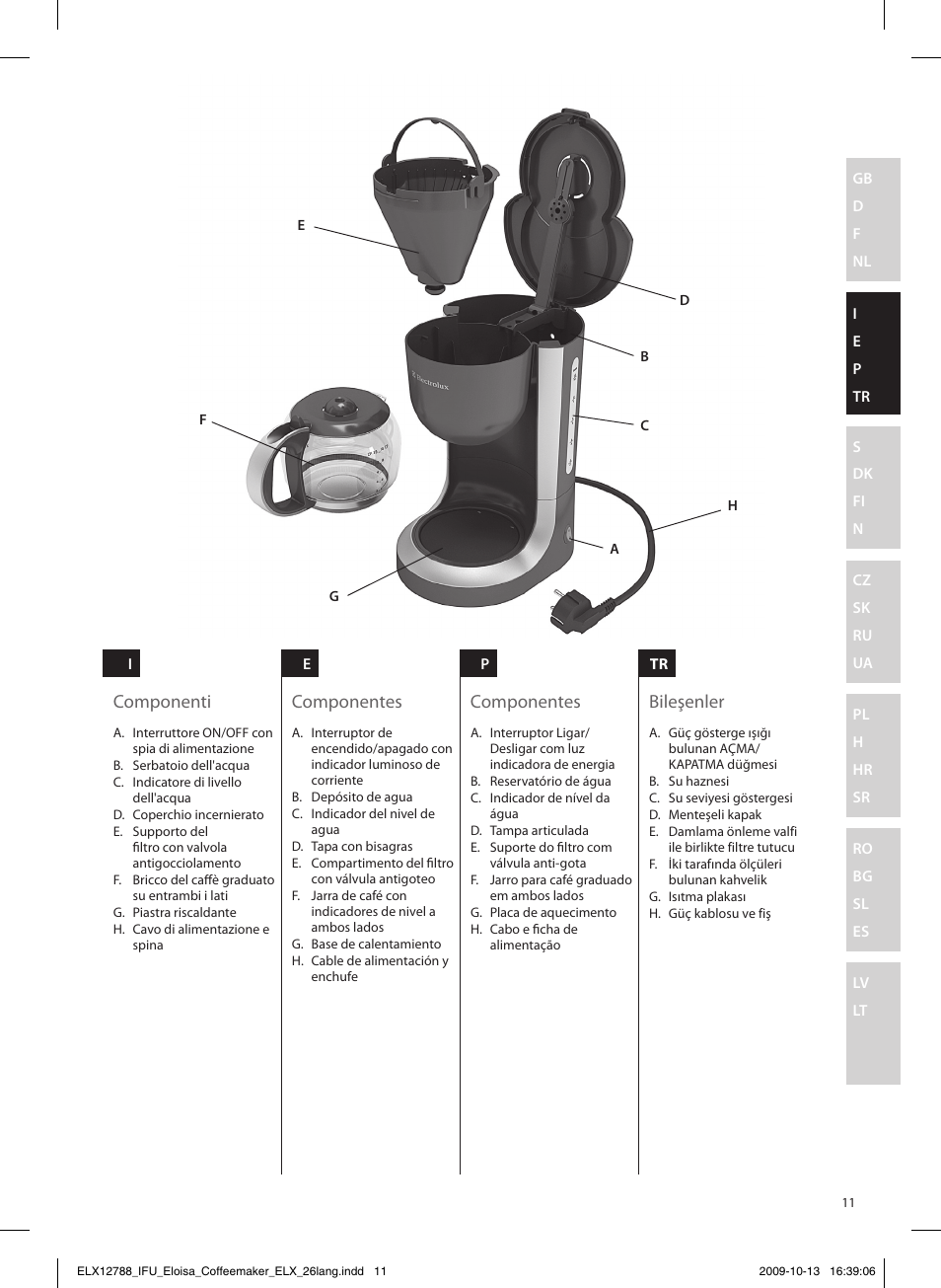 Componenti componentes componentes bileşenler | Electrolux EKF3100 User Manual | Page 11 / 60