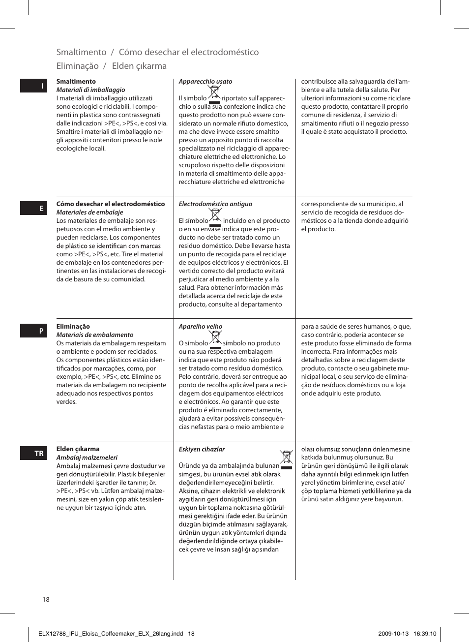 Smaltimento, Cómo desechar el electrodoméstico, Eliminação | Elden çıkarma | Electrolux EKF3100 User Manual | Page 18 / 60