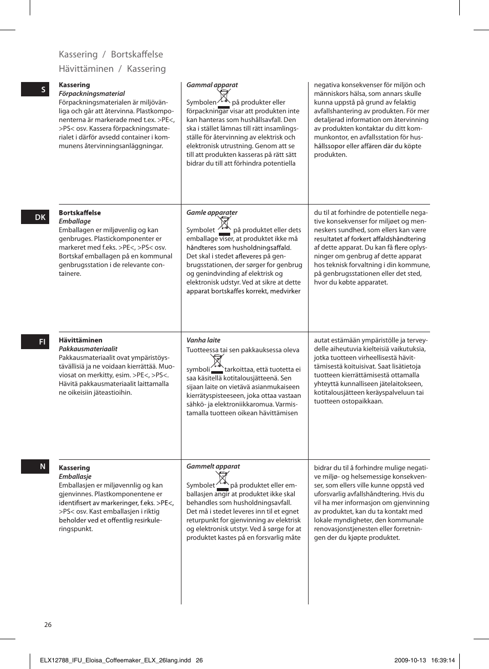 Kassering, Bortskaffelse, Hävittäminen | Electrolux EKF3100 User Manual | Page 26 / 60