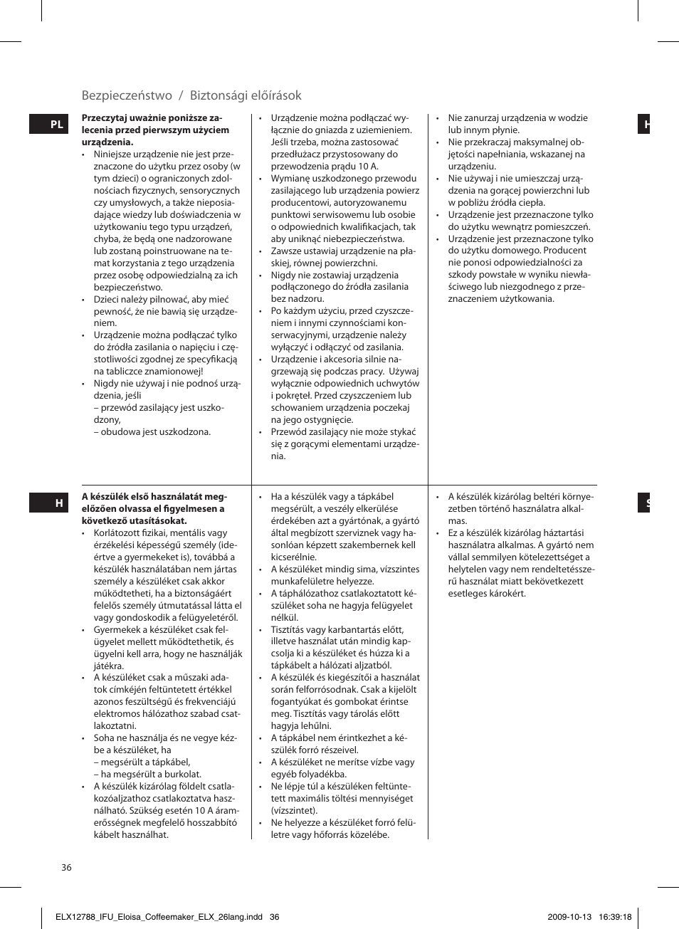 Bezpieczeństwo / biztonsági előírások | Electrolux EKF3100 User Manual | Page 36 / 60