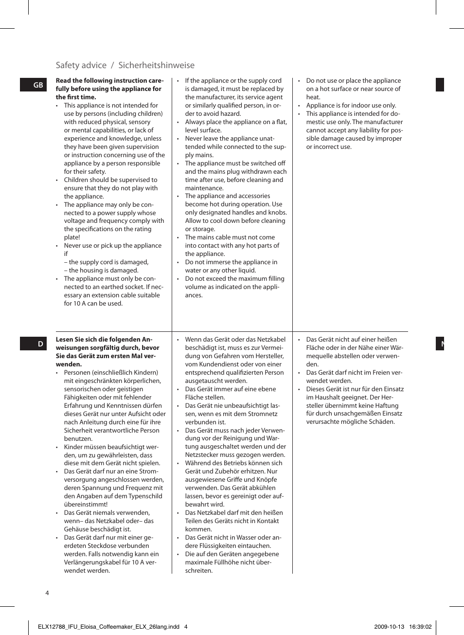 Safety advice / sicherheitshinweise | Electrolux EKF3100 User Manual | Page 4 / 60