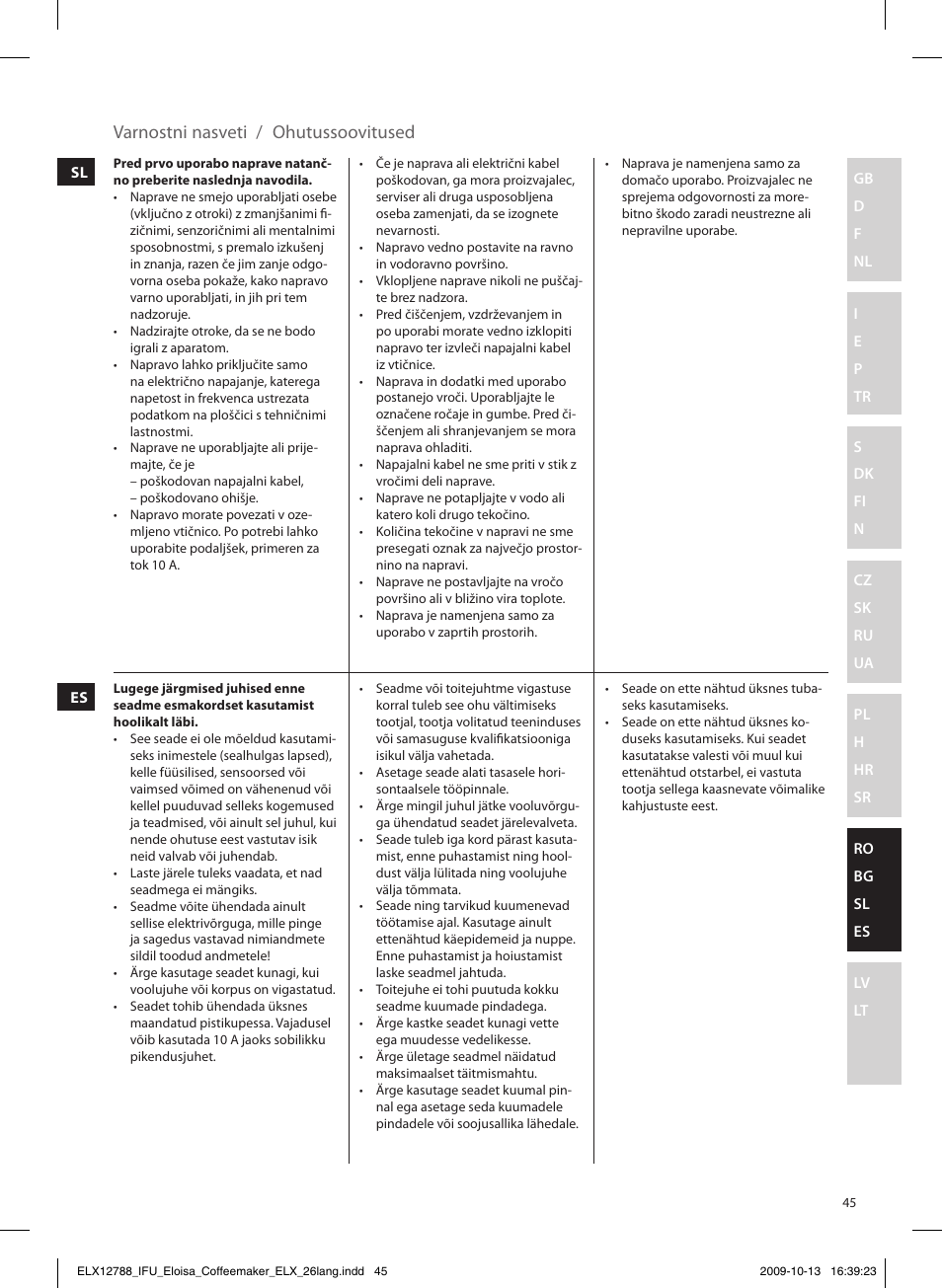 Varnostni nasveti / ohutussoovitused | Electrolux EKF3100 User Manual | Page 45 / 60