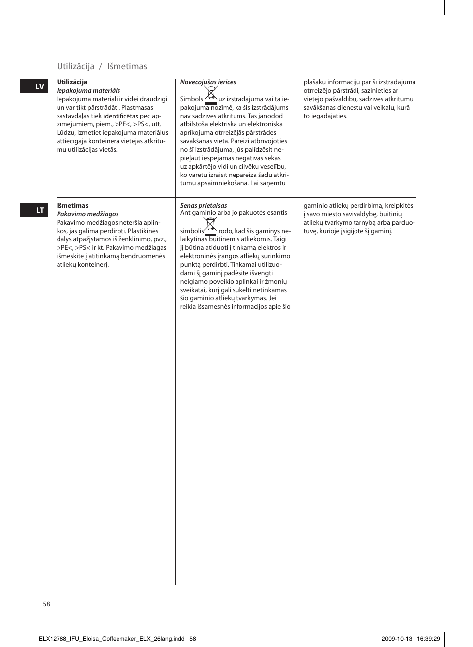 Utilizācija, Išmetimas | Electrolux EKF3100 User Manual | Page 58 / 60