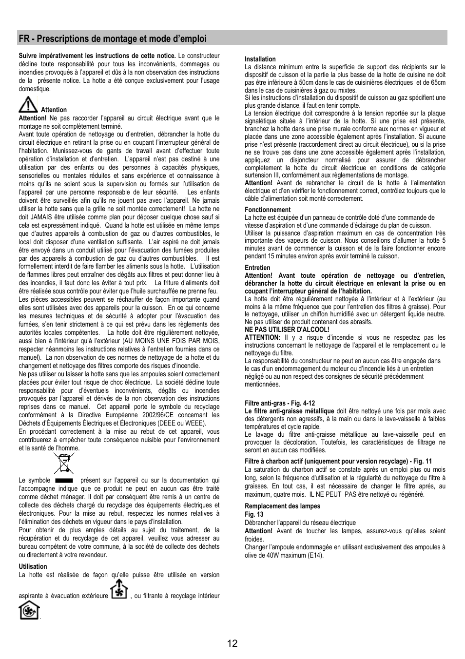 Fr - prescriptions de montage et mode d’emploi | Electrolux EFP6440X User Manual | Page 12 / 44