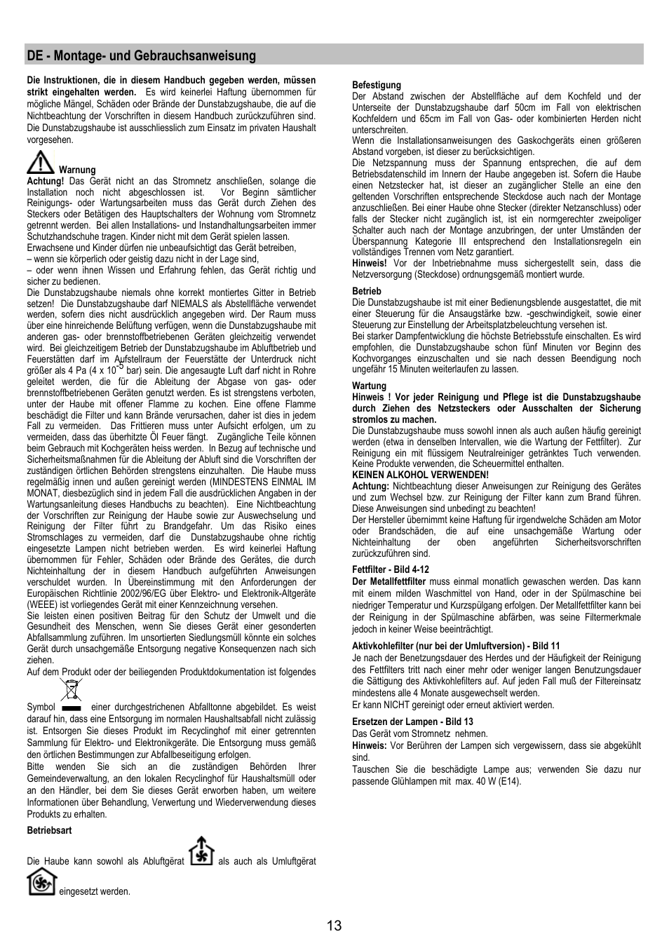 De - montage- und gebrauchsanweisung | Electrolux EFP6440X User Manual | Page 13 / 44