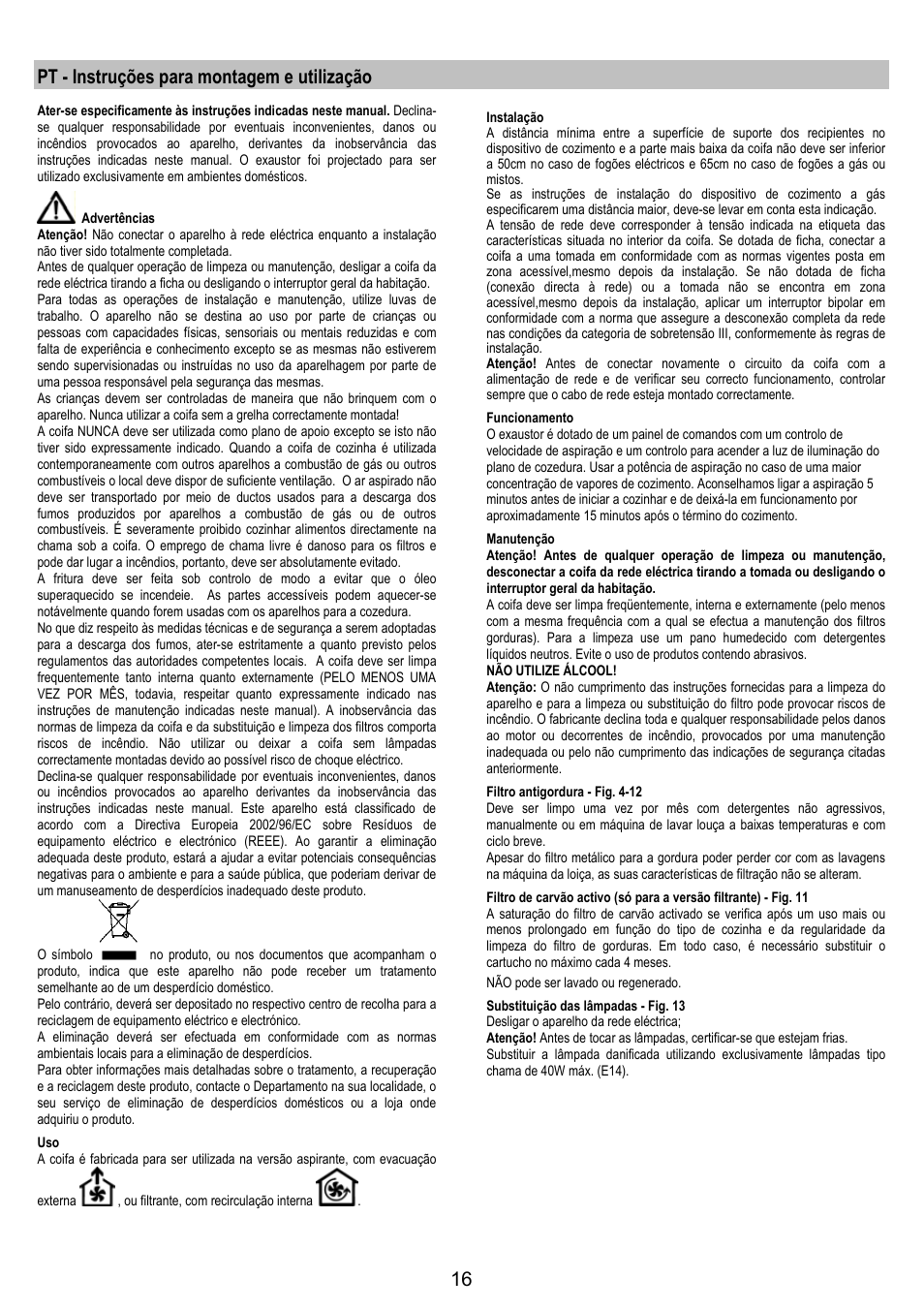 Pt - instruções para montagem e utilização | Electrolux EFP6440X User Manual | Page 16 / 44