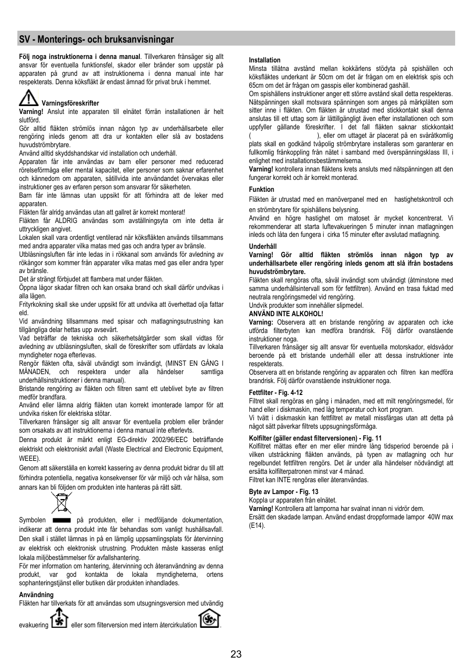 Sv - monterings- och bruksanvisningar | Electrolux EFP6440X User Manual | Page 23 / 44