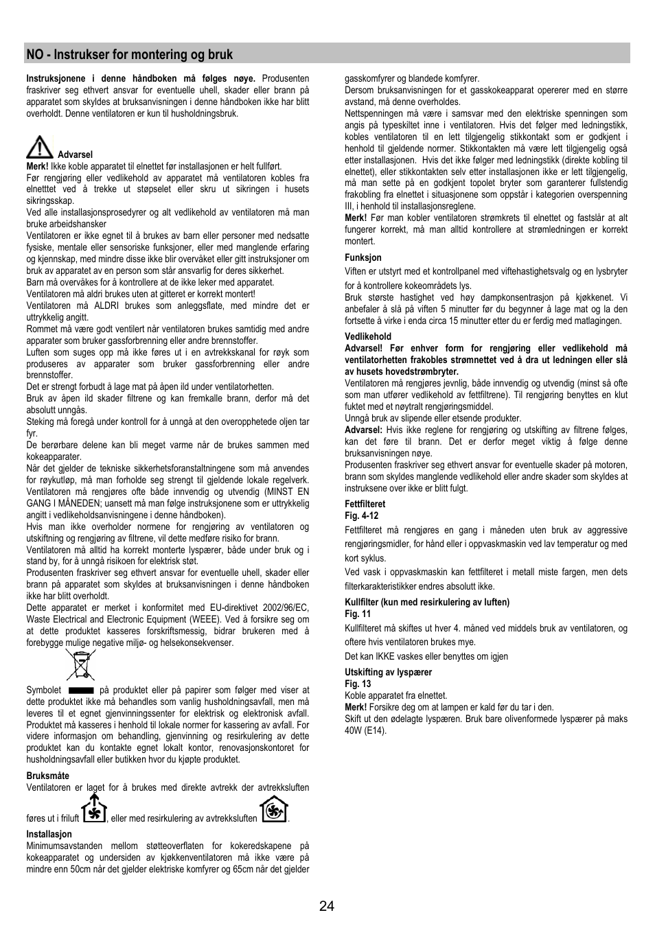 No - instrukser for montering og bruk | Electrolux EFP6440X User Manual | Page 24 / 44