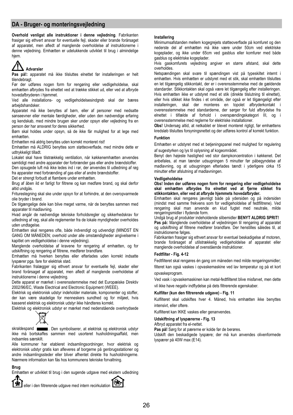 Da - bruger- og monteringsvejledning | Electrolux EFP6440X User Manual | Page 26 / 44