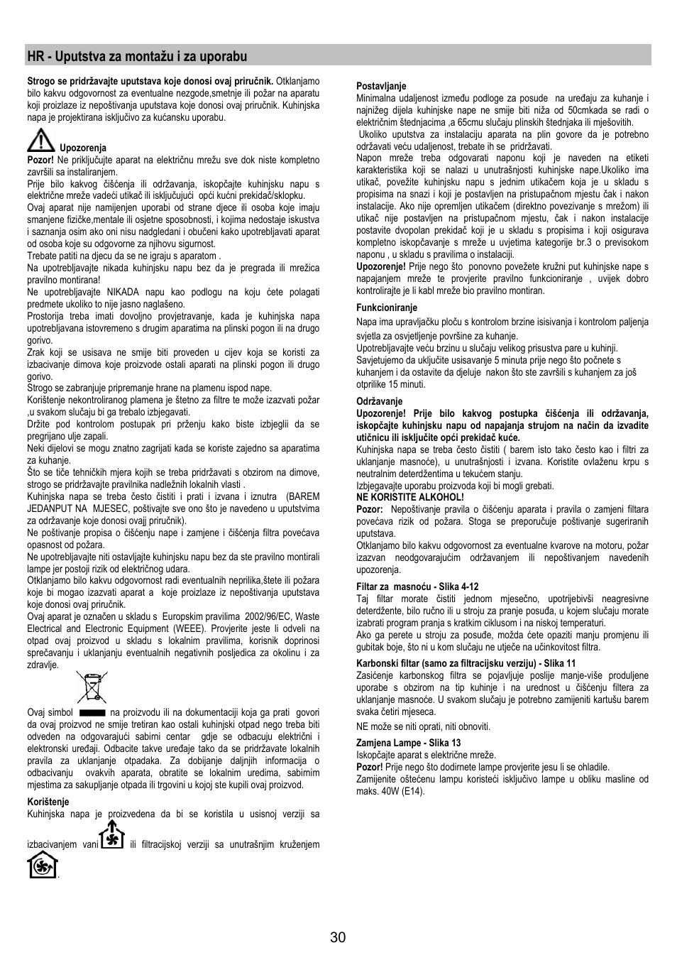 Hr - uputstva za montažu i za uporabu | Electrolux EFP6440X User Manual | Page 30 / 44