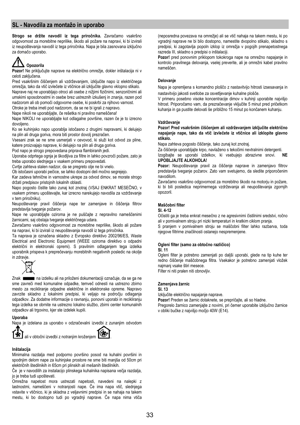 Sl - navodila za montažo in uporabo | Electrolux EFP6440X User Manual | Page 33 / 44