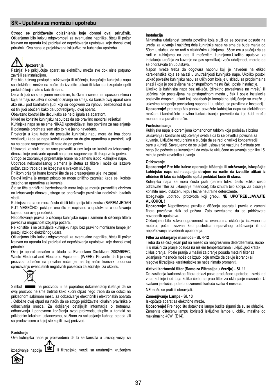 Sr - uputstva za montažu i upotrebu | Electrolux EFP6440X User Manual | Page 37 / 44