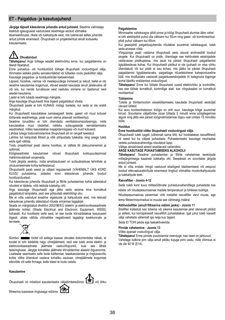 Et - paigaldus- ja kasutusjuhend | Electrolux EFP6440X User Manual | Page 38 / 44