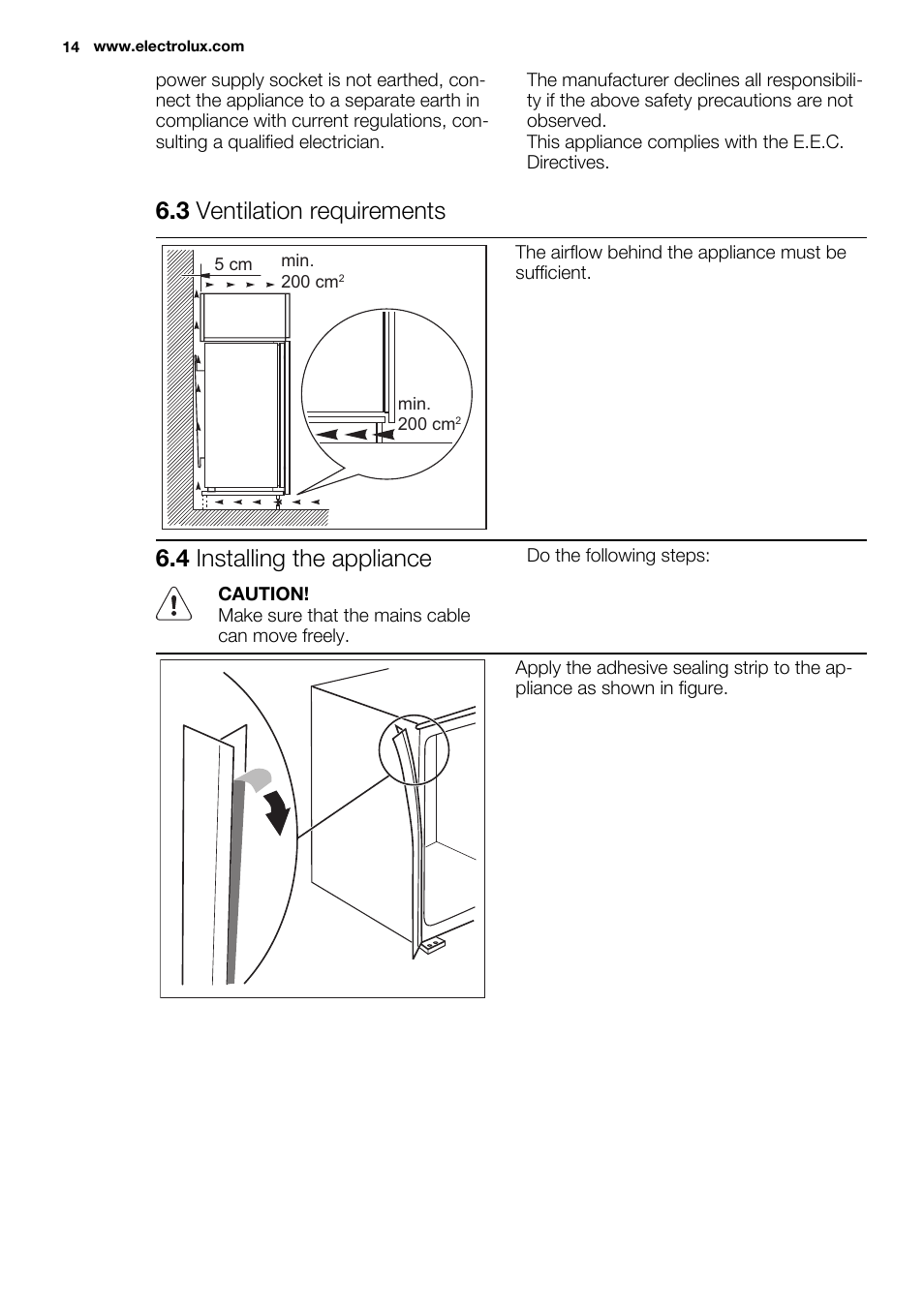3 ventilation requirements, 4 installing the appliance | Electrolux ERW3313BOX User Manual | Page 14 / 72