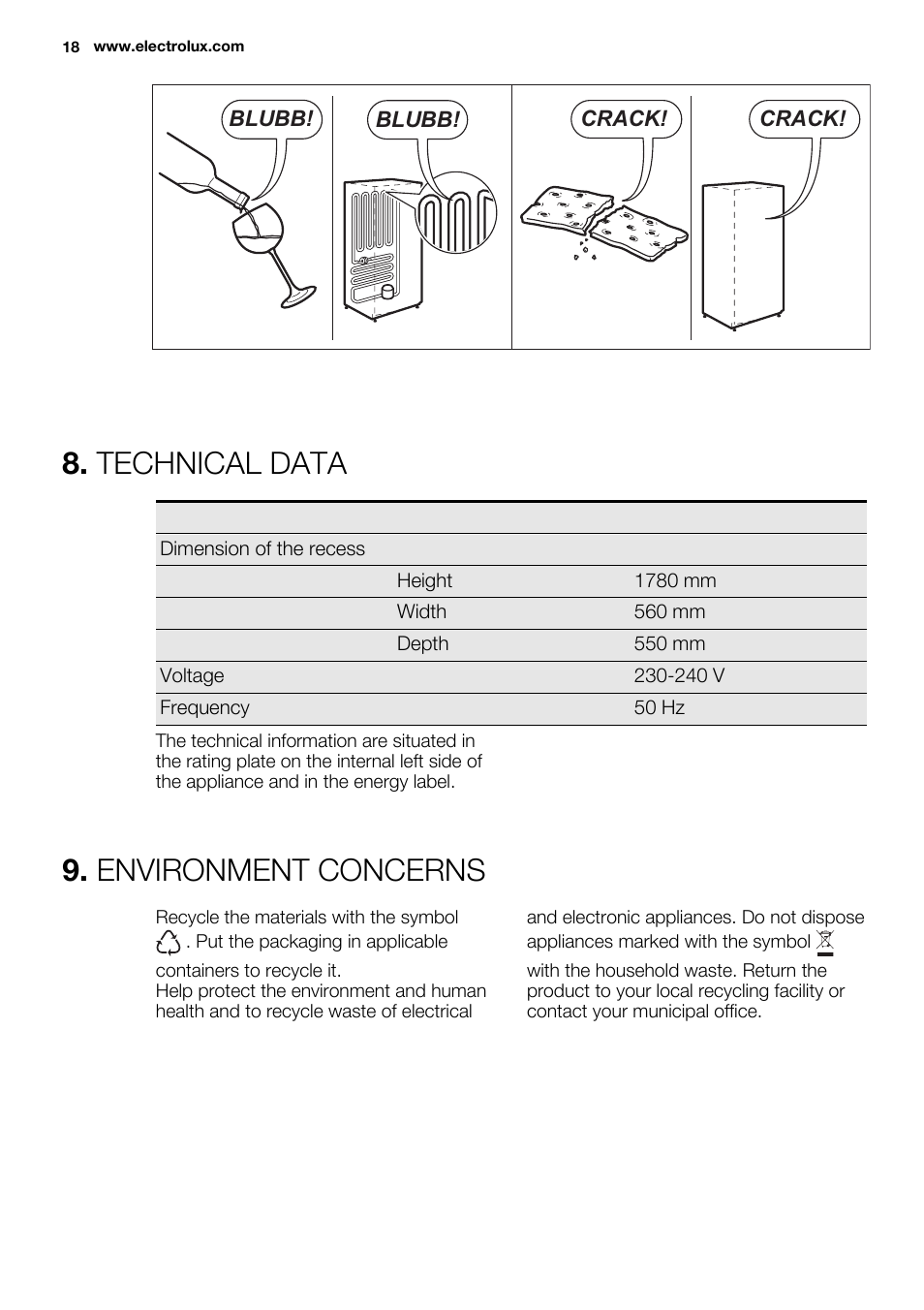 Technical data, Environment concerns | Electrolux ERW3313BOX User Manual | Page 18 / 72