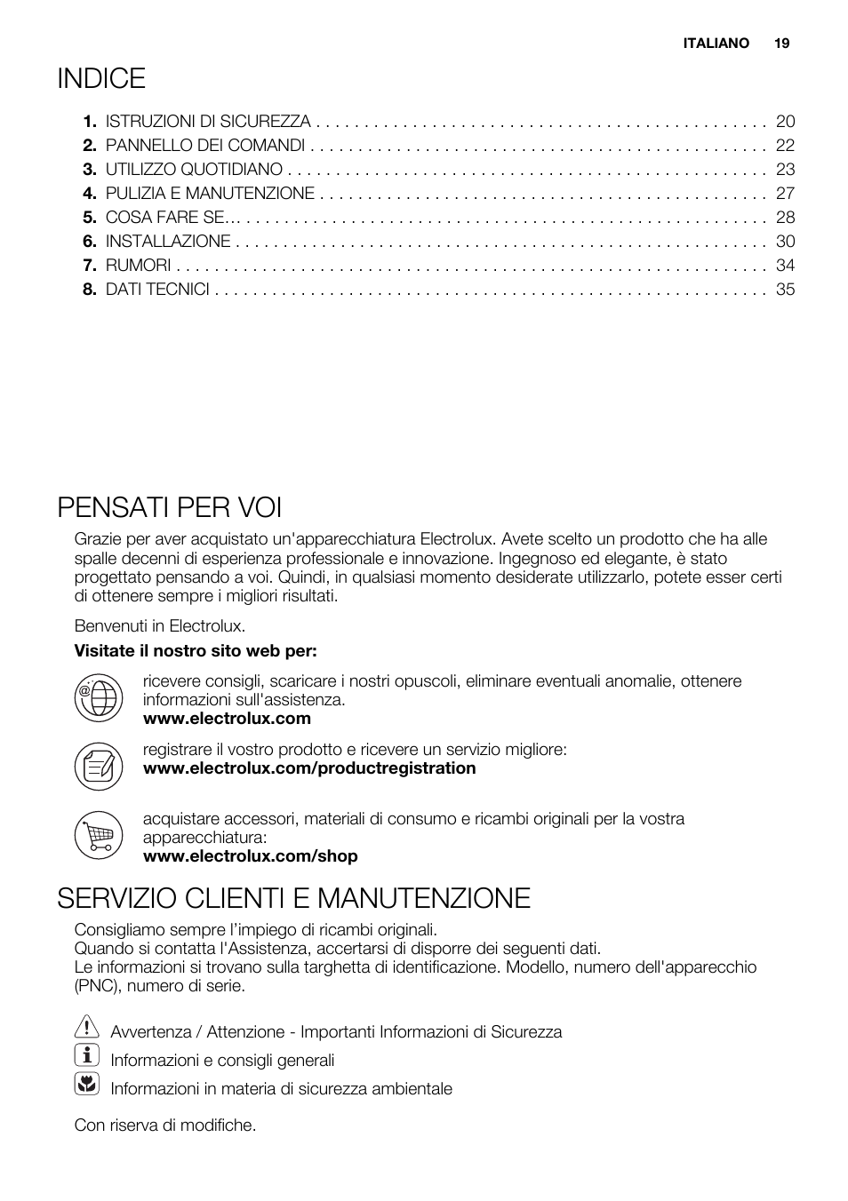 Indice, Pensati per voi, Servizio clienti e manutenzione | Electrolux ERW3313BOX User Manual | Page 19 / 72