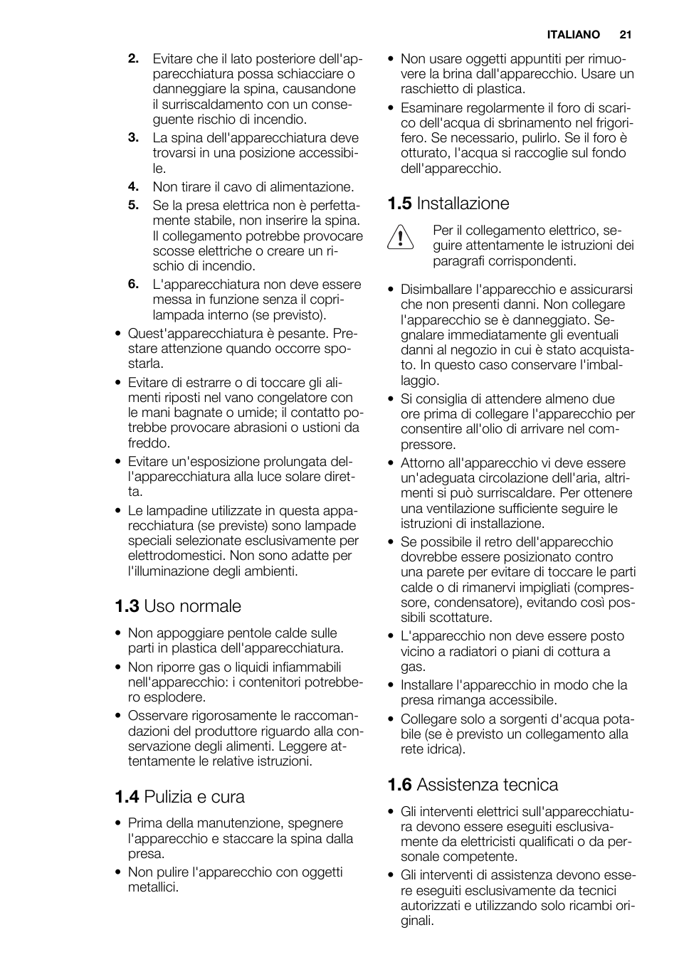 3 uso normale, 4 pulizia e cura, 5 installazione | 6 assistenza tecnica | Electrolux ERW3313BOX User Manual | Page 21 / 72