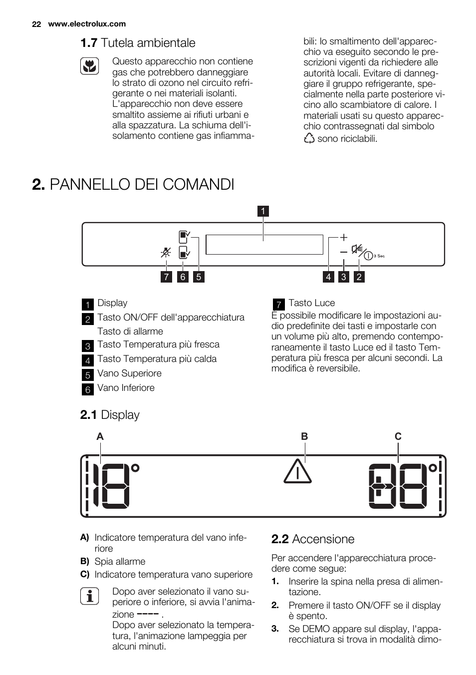 Pannello dei comandi, 7 tutela ambientale, 1 display | 2 accensione | Electrolux ERW3313BOX User Manual | Page 22 / 72