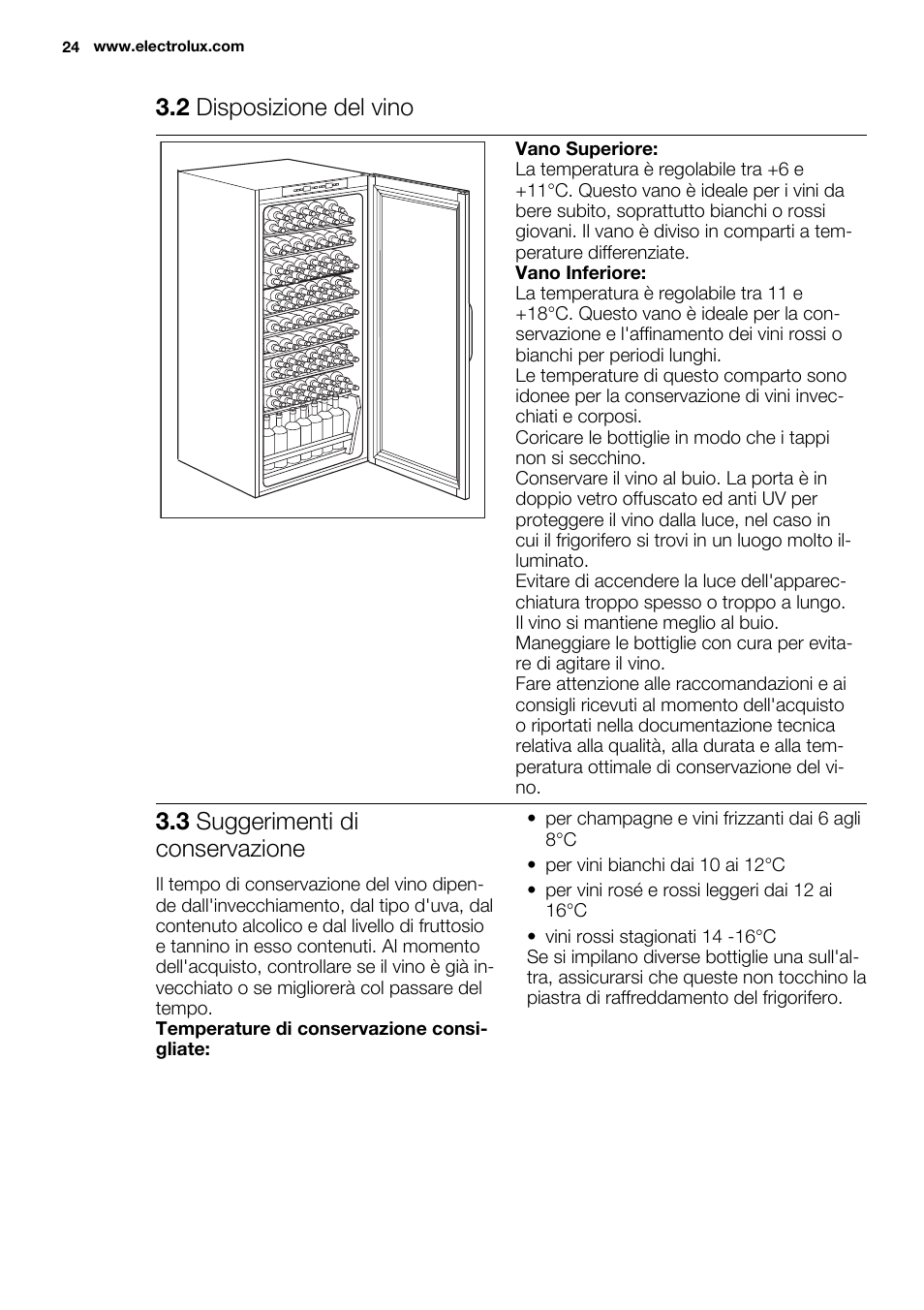 2 disposizione del vino, 3 suggerimenti di conservazione | Electrolux ERW3313BOX User Manual | Page 24 / 72