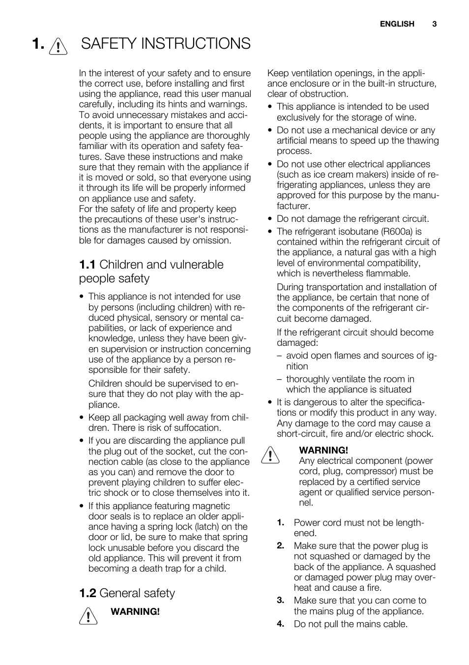 Safety instructions, 1 children and vulnerable people safety, 2 general safety | Electrolux ERW3313BOX User Manual | Page 3 / 72