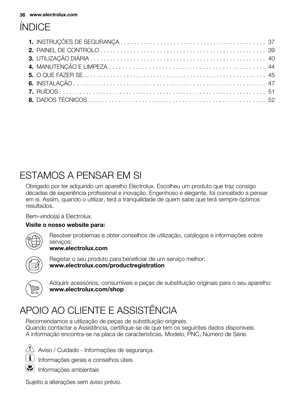 Índice, Estamos a pensar em si, Apoio ao cliente e assistência | Electrolux ERW3313BOX User Manual | Page 36 / 72