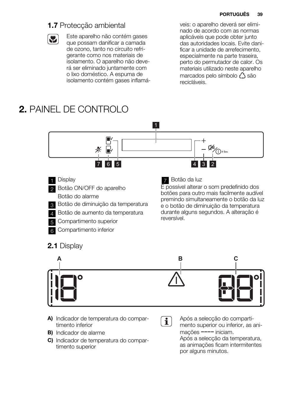 Painel de controlo, 7 protecção ambiental, 1 display | Electrolux ERW3313BOX User Manual | Page 39 / 72