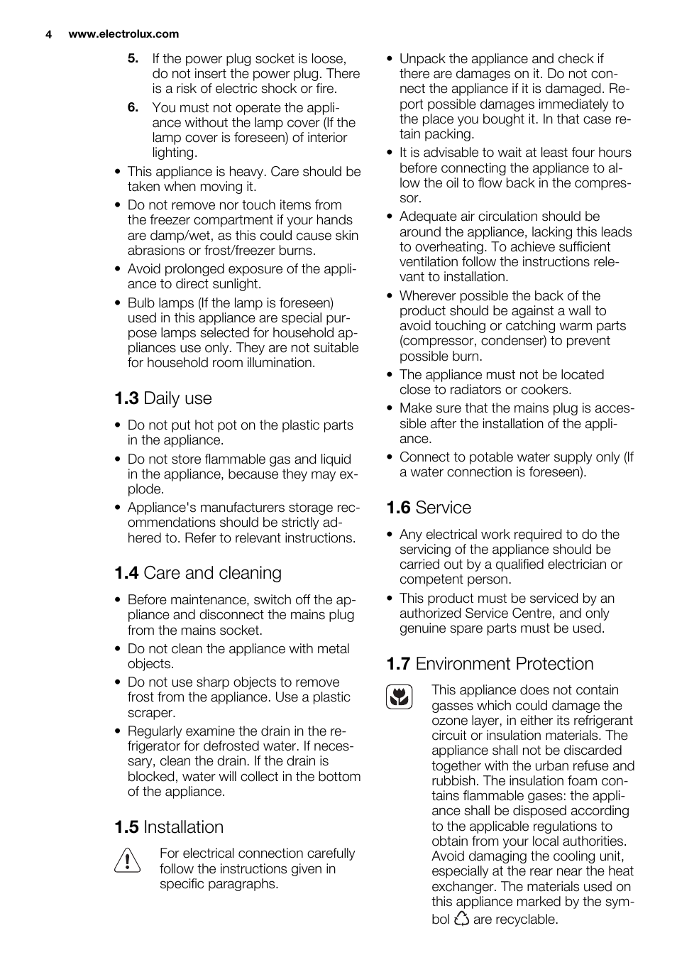 3 daily use, 4 care and cleaning, 5 installation | 6 service, 7 environment protection | Electrolux ERW3313BOX User Manual | Page 4 / 72