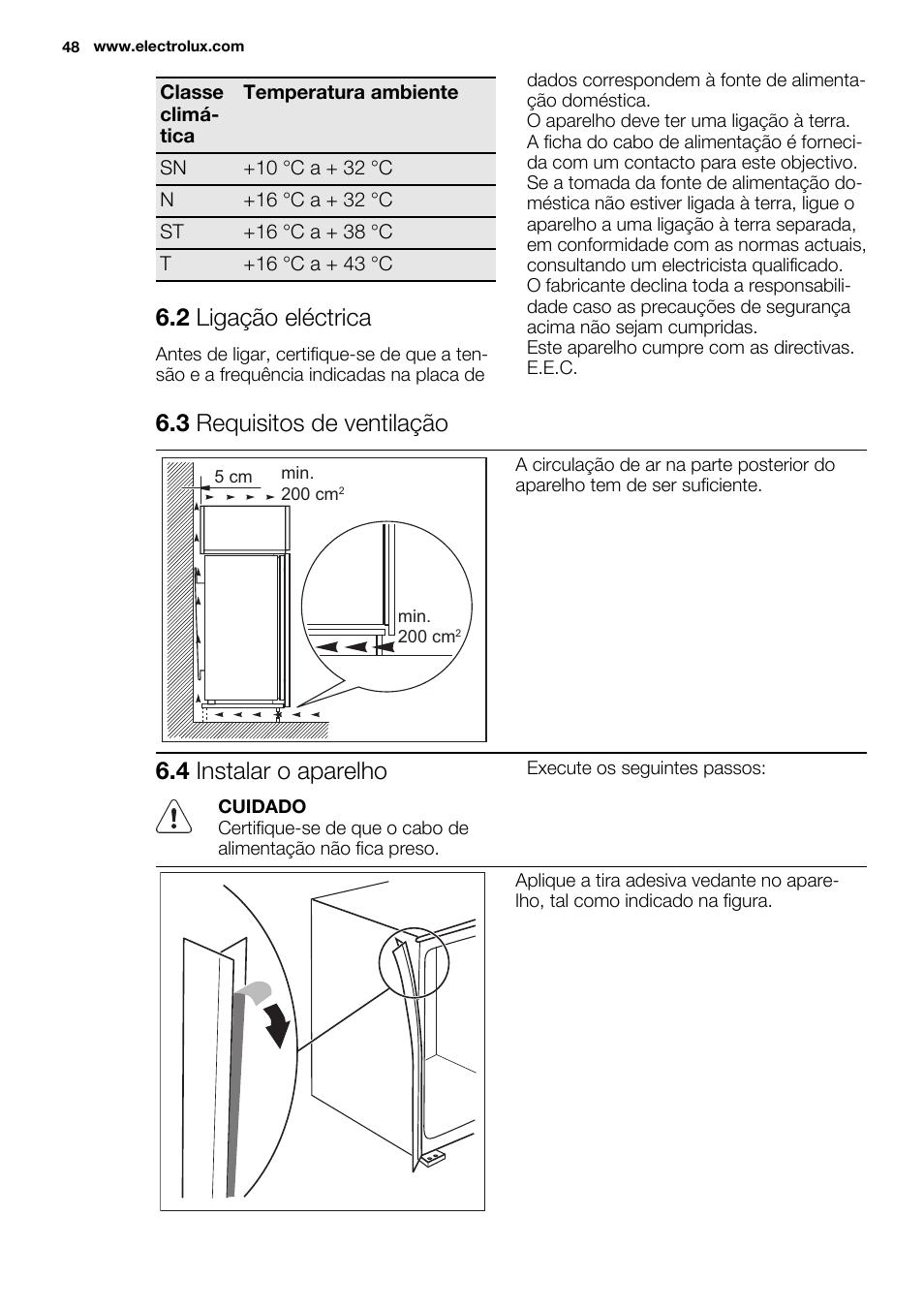 2 ligação eléctrica, 3 requisitos de ventilação, 4 instalar o aparelho | Electrolux ERW3313BOX User Manual | Page 48 / 72