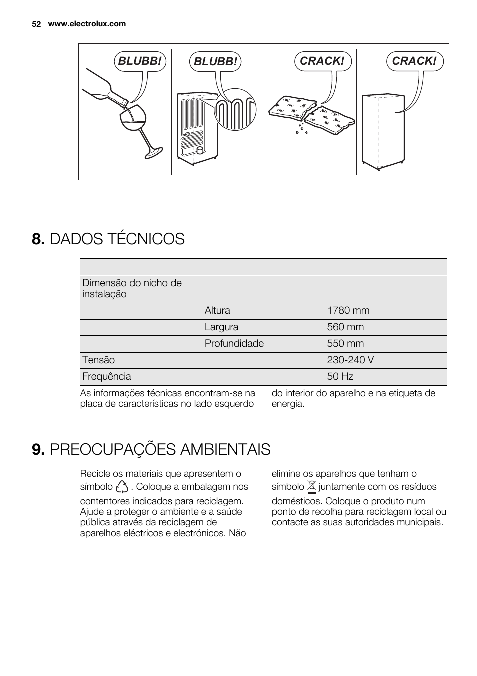 Dados técnicos, Preocupações ambientais | Electrolux ERW3313BOX User Manual | Page 52 / 72