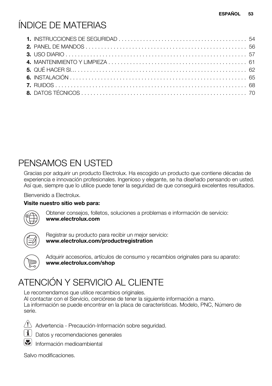 Índice de materias, Pensamos en usted, Atención y servicio al cliente | Electrolux ERW3313BOX User Manual | Page 53 / 72