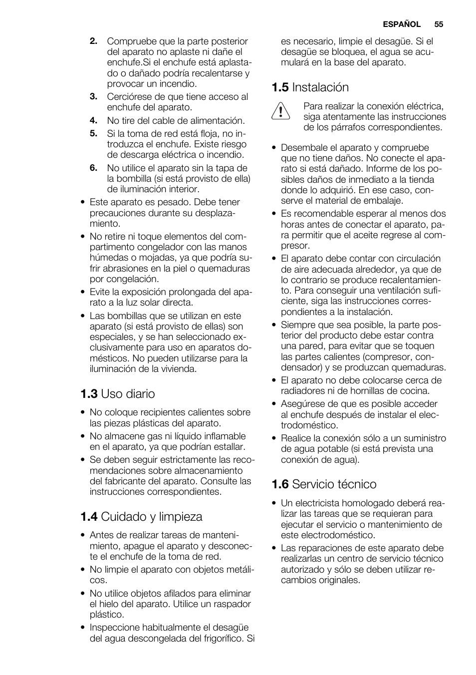 3 uso diario, 4 cuidado y limpieza, 5 instalación | 6 servicio técnico | Electrolux ERW3313BOX User Manual | Page 55 / 72