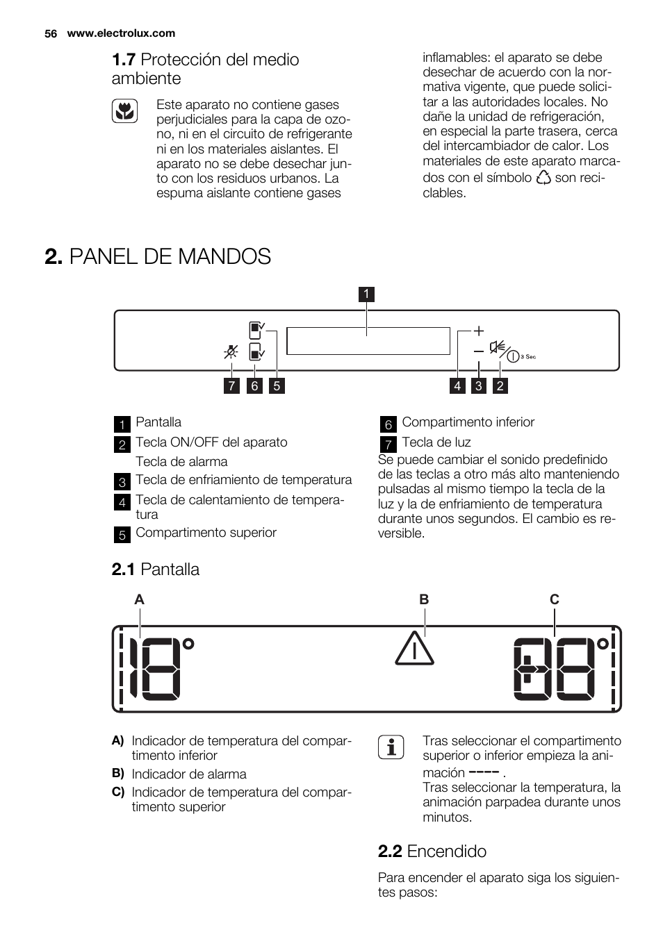 Panel de mandos, 7 protección del medio ambiente, 1 pantalla | 2 encendido | Electrolux ERW3313BOX User Manual | Page 56 / 72