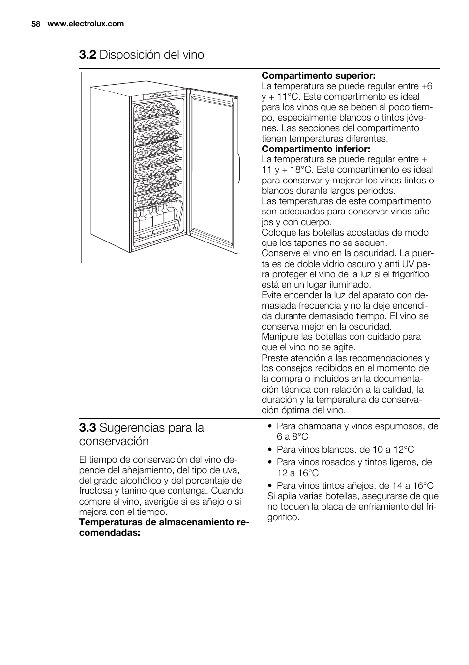 2 disposición del vino, 3 sugerencias para la conservación | Electrolux ERW3313BOX User Manual | Page 58 / 72