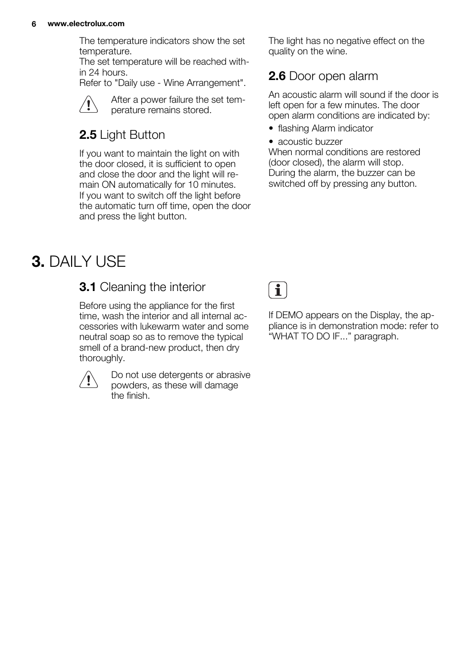 Daily use, 5 light button, 6 door open alarm | 1 cleaning the interior | Electrolux ERW3313BOX User Manual | Page 6 / 72