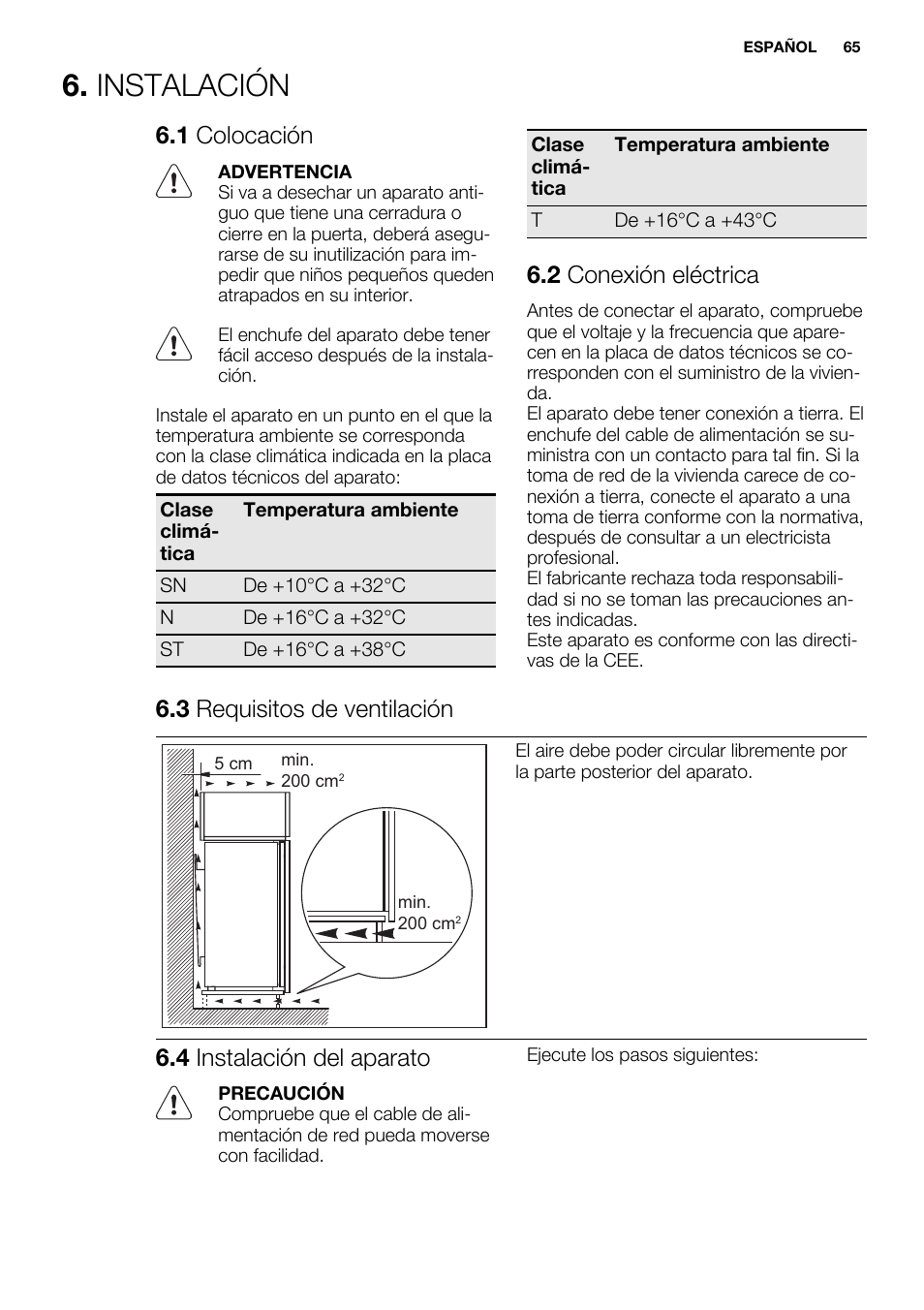 Instalación, 1 colocación, 2 conexión eléctrica | 3 requisitos de ventilación, 4 instalación del aparato | Electrolux ERW3313BOX User Manual | Page 65 / 72