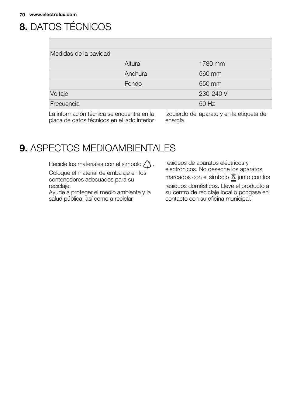 Datos técnicos, Aspectos medioambientales | Electrolux ERW3313BOX User Manual | Page 70 / 72