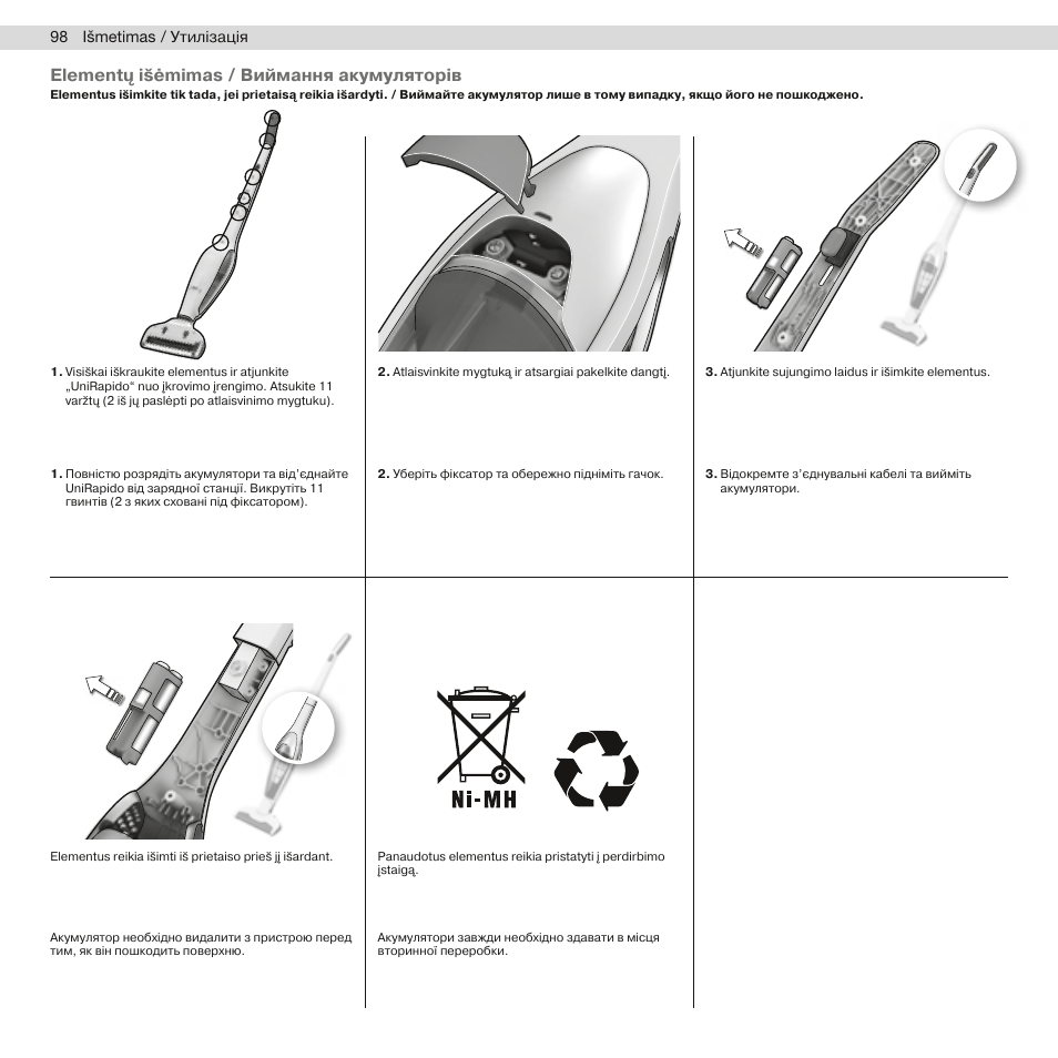 Elementų išėmimas./.виймання акумуляторів | Electrolux ZB2805 User Manual | Page 100 / 140