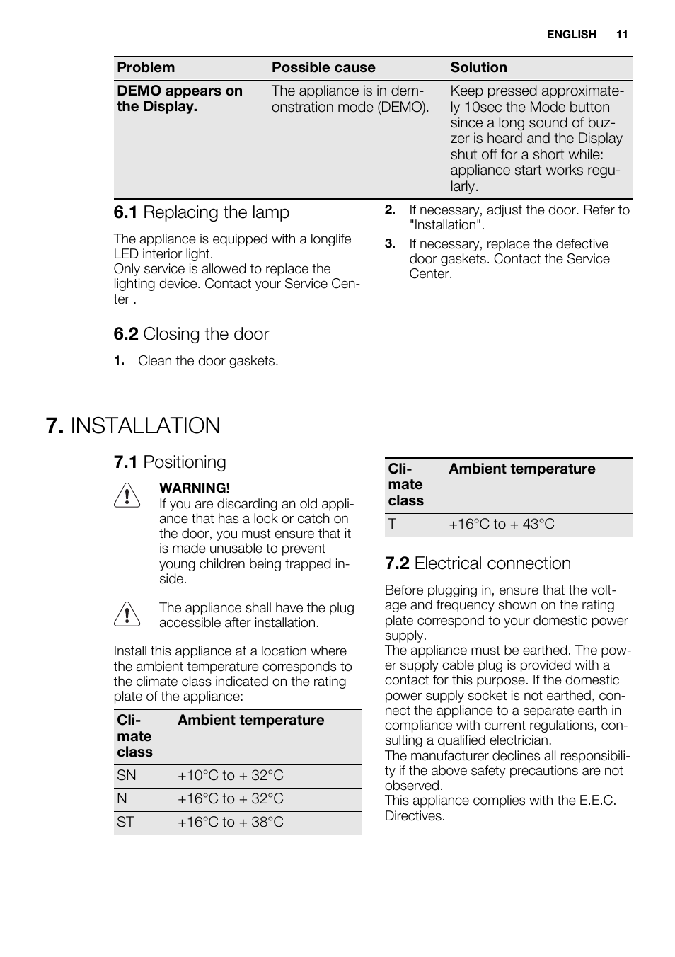 Installation, 1 replacing the lamp, 2 closing the door | 1 positioning, 2 electrical connection | Electrolux EUX2245AOX User Manual | Page 11 / 64